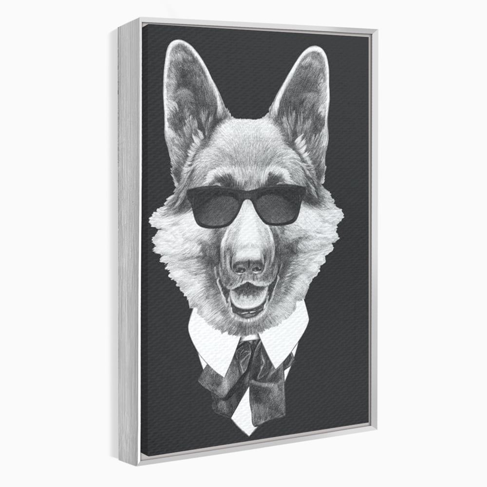 Tablou canvas cu portret ilustrativ caine gentleman, in rama de aluminiu argintiu